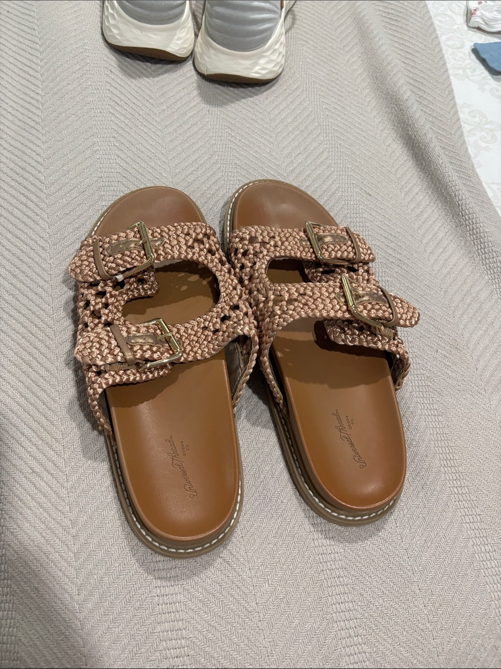 Woven Buckle Slide Sandals in Tan